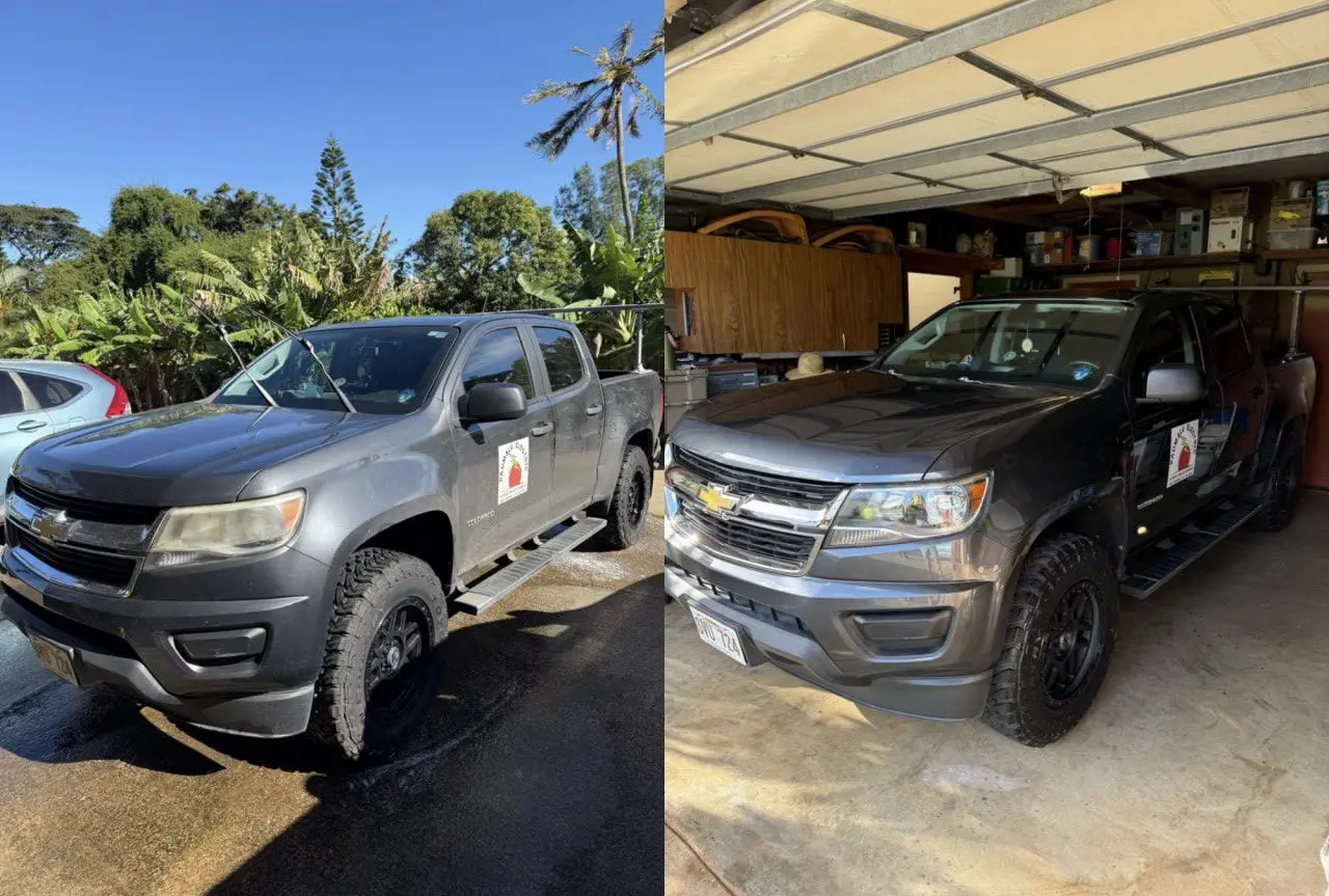 Before and after: faded gray Chevy Colorado restored with paint correction and detail by Mantra